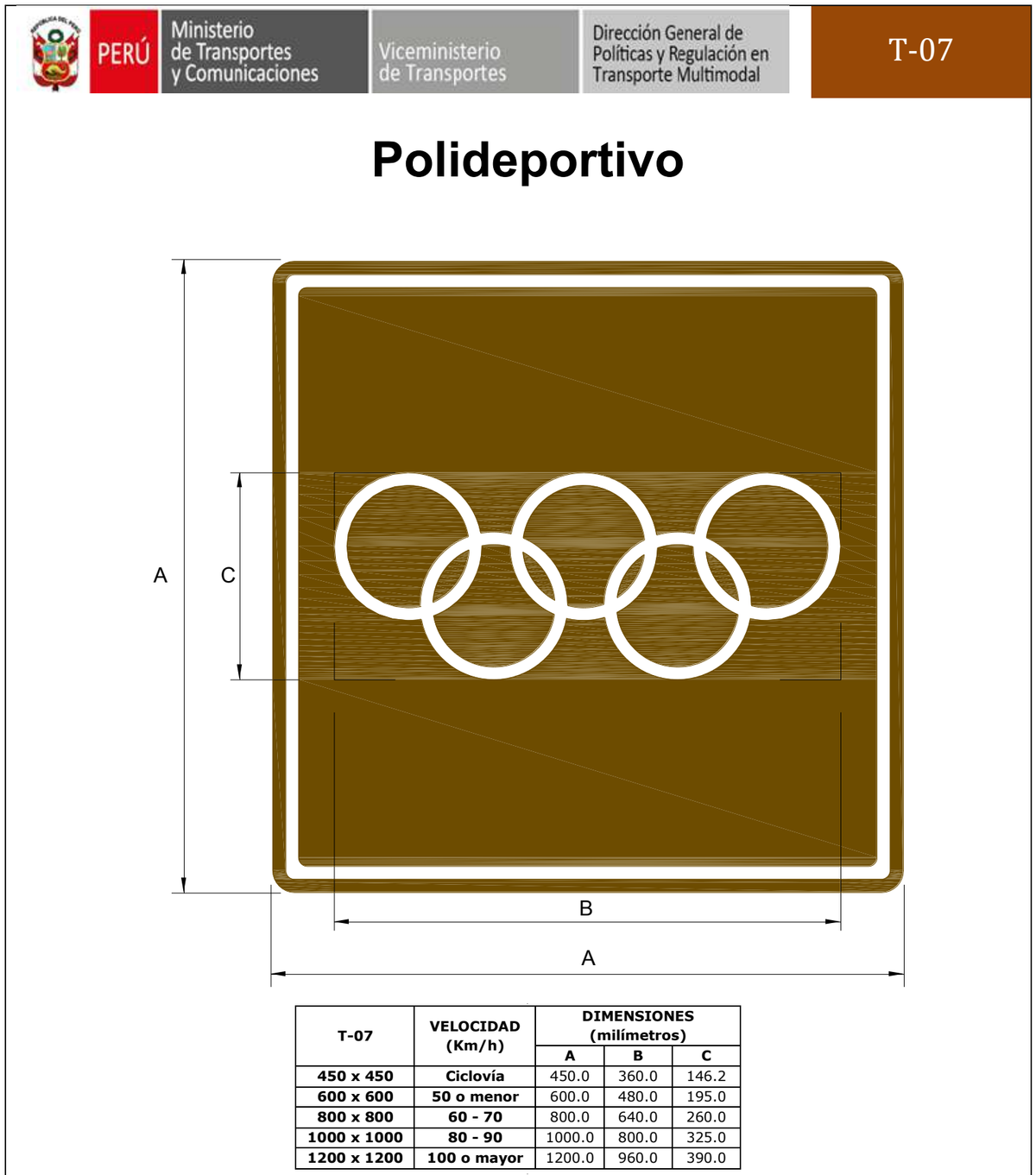 Señal de tránsito Polideportivo — T-07 — dibujo técnico del manual MTC