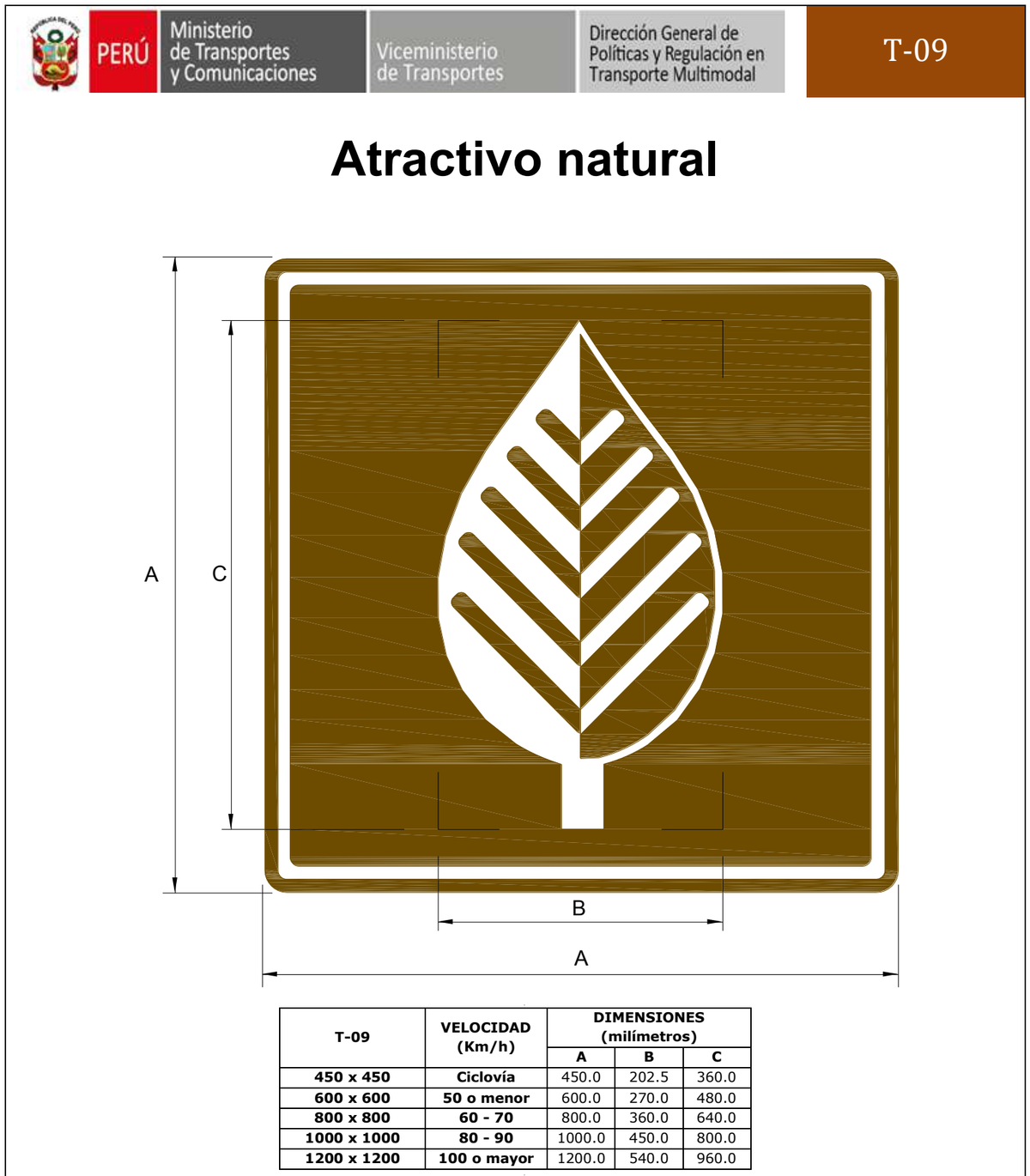 Señal de tránsito Atractivo natural — T-09 — dibujo técnico del manual MTC