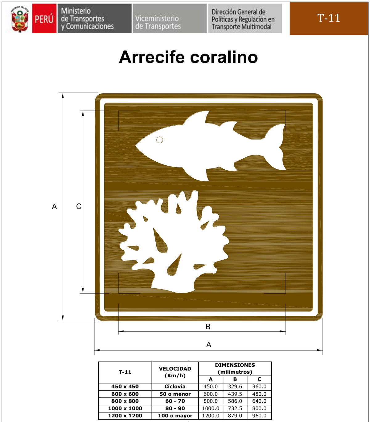 Señal de tránsito Arrecife coralino — T-11 — dibujo técnico del manual MTC