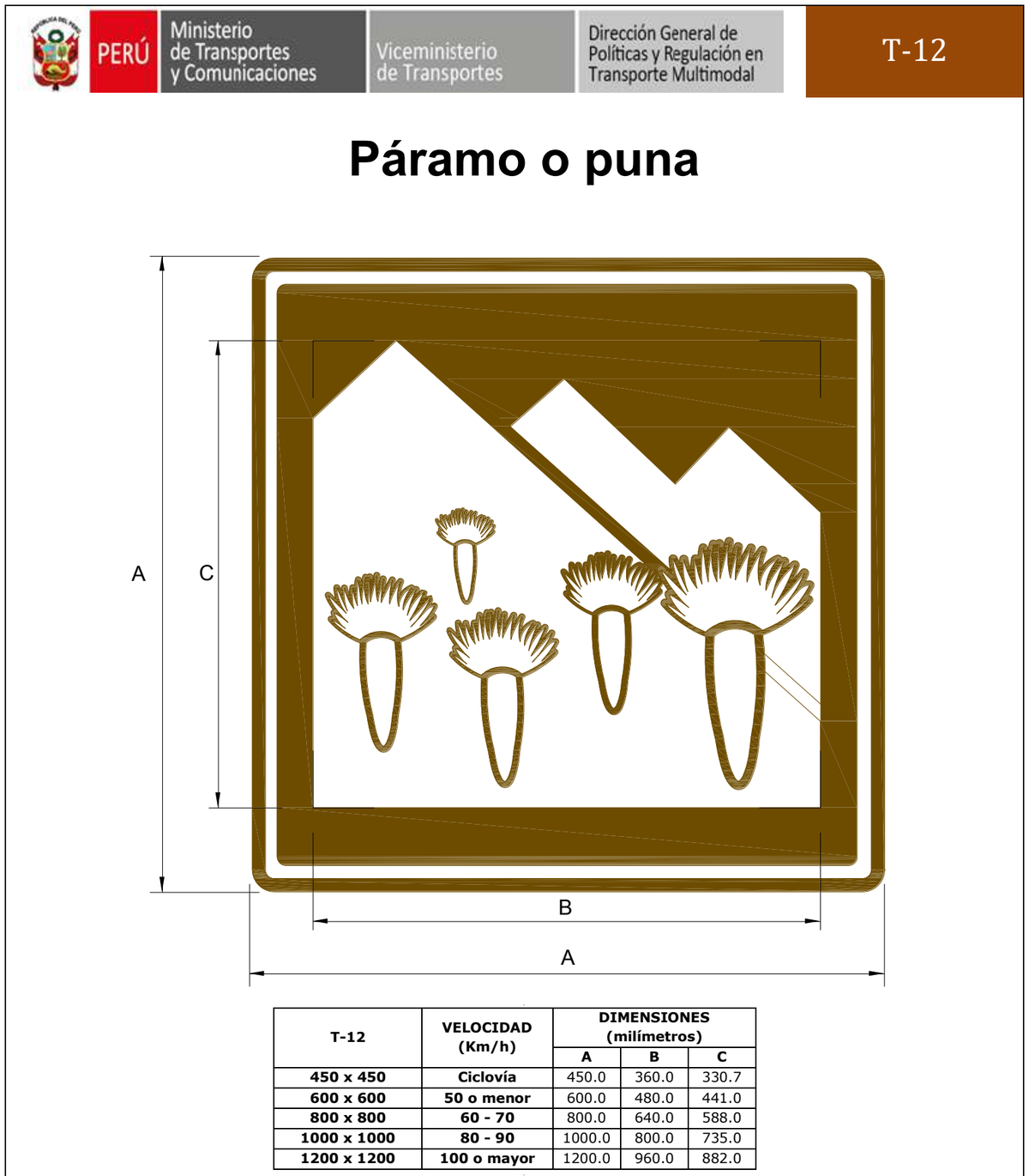 Señal de tránsito Páramo puna — T-12 — dibujo técnico del manual MTC